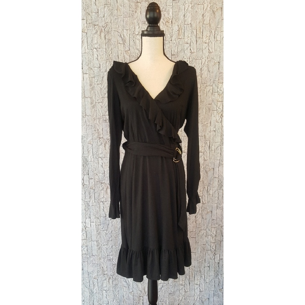 Black V-Neck Long Sleeve Belted Ruffle Dress